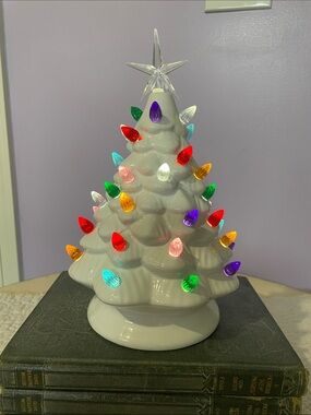 White Ceramic Light-Up Christmas Tree with Multicolor Bulbs- vintage decor